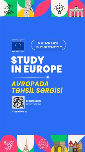 Avropa İttifaqının səfiri Z.A. Mariyana Kuyundziç sizi "Avropada Təhsil" sərgisinə dəvət edir! Sərgidə Avropanın aparıcı universitetləri, təqaüdlər və digər təhsil imkanları ilə bağlı ətraflı məlumat əldə edə bilərsiniz. 📌 Avropa universitetlərinin nümayəndələri ilə birbaşa ünsiyyət 📌 Beynəlxalq təhsil imkanlarını yerində araşdırmaq fürsəti 📅 25 oktyabr – Bakı, Hilton Hotel | 10:00 – 18:00 📅 26 oktyabr – Bakı, Hilton Hotel | 10:00 – 18:00 Giriş ödənişsizdir, qeydiyyat zəruridir. ** The Ambas