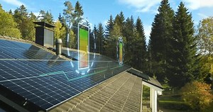 Charging battery visualization on house roof with solar panels - CGI render