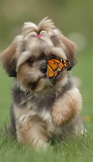 Shih Tzu Puppy Meets A Butterfly... Wait For The Kiss! 🦋🌸