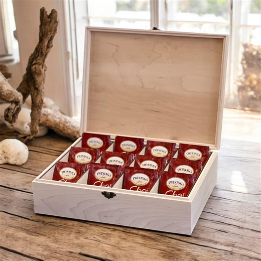 Maple Wooden Tea Box (12 Compartments) | Personalized Gift for Grandmother or Mom | Antique Brass Tea Storage Chest | Sentimental Keepsake - Etsy