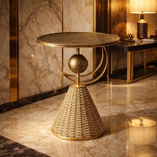 Luxury Gold Side Table, Round Accent Table With Woven Base, Modern End Table, Decorative Sofa Table, Boho Chic Living Room Furniture - Etsy