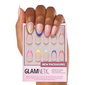 Glamnetic Press On Nails - Sprinkles | Rainbow French Tip Nails, UV Finish Short Pointed Almond Shape, Salon Quality Semi-Transparent Nails in 12 Sizes - 24 Nail Kit with Glue