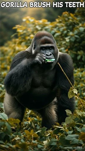 Gorilla brush teeth in riverside forest.