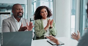 Meeting, job interview and business people with handshake in office for onboarding, we are hiring or recruitment. Diversity, shaking hands and HR with candidate for opportunity, clapping or welcome