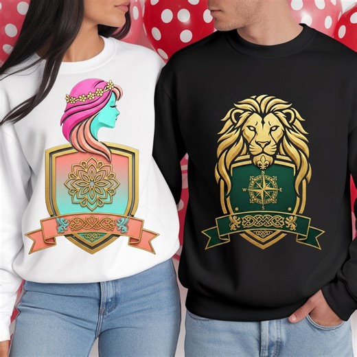 Custom Royal Crest Sweatshirt, Lion & Floral Emblem, Couple Gift - Etsy