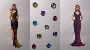 Fashion sketches and color sphere drawings with shading and texture details