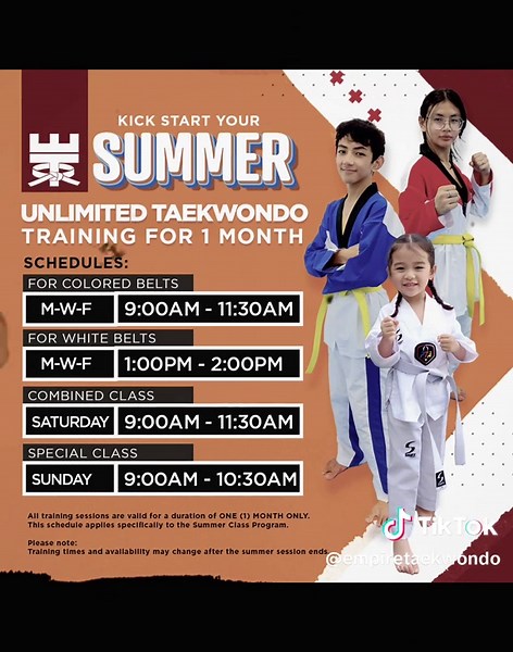 Summer Taekwondo is Here! We’re super excited to launch our Summer Taekwondo Training Schedule starting April 28, 2025! This summer setup is all about FLEXIBILITY UNLIMITED TRAINING—so your kids (or you!) can stay active, focused, and strong all month long! 💪🔥 📅 Start Date: April 28, 2025 🕒 Note: Each pass is valid for 1 month only. ⚠️ Heads up! This is a special Summer Class Program, and the schedule might change after summer ends—so make the most of it while it lasts! ENROLL NOW! 📞 For in