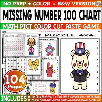 Missing Number 100 Chart Sudoku 4 6 9x9 Math Pict Color Cut Paste Game Worksheet