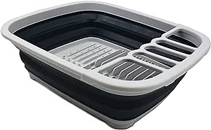 SAMMART 8L (2.11Gallons) Collapsible Plastic Dish Drainer - Foldable Drying Rack Set - Portable Dinnerware Organizer - Space Saving Dishes and Utensil Kitchen Storage(Grey/Slate Grey)