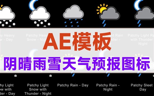 【AE模板】58个扁平化阴晴雨雪天气预报图标动画 Weather Icons，值得收藏起来吃灰~