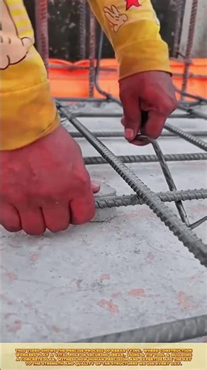 House construction: Skilled worker secures rebar, uses a tie tool, and builds a concrete slab