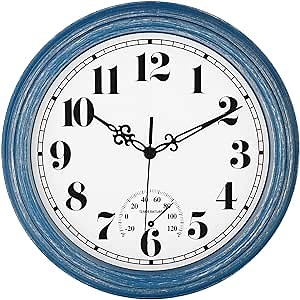 zyzamay 12 Inch Indoor Outdoor Clocks,Waterproof Wall Clock with Thermometer,Easy to Read,Non-Ticking Battery Operated Quality Quartz Clock, Decorative for Patio,Porch,Pool,Bathroom,Deck(Blue)
