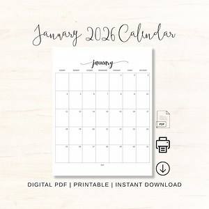 January 2026 Calendar Printable Digital Download Pdf Planner - Vertical - Etsy