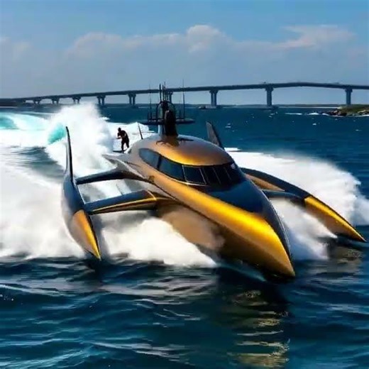 Trimaran speeding the inlet with Surf Glider behind Yacht