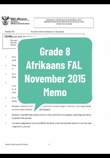 Grade 8 Afrikaans FAL November 2015 Memo #grade8afrikaans #afrikaans #grade8 #fyp #study #pastyearpapers #studytok
