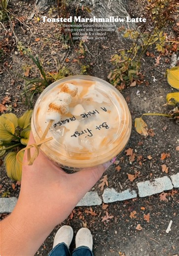 ✨Toasted Marshmallow Latte? YES, PLEASE! ☕️🤎 Drink of the month👇 ✨Toasted Marshmallow Latte (housemade toasted marshmallow syrup topped with marshmallow cold foam & a toasted marshmallow skewer) 📍New Creations Coffee | Raynham, MA