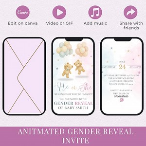 Animated Gender Reveal Invitation | Editable Pink Blue Teddy Bear Video Invite, Digital Canva Template, Pastel He or She Baby Shower Einvite - Etsy