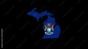 Michigan state flag United States map animation black background