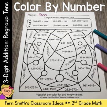 3-Digit Addition: Regroup Tens Color By Number Worksheets for Second Grade