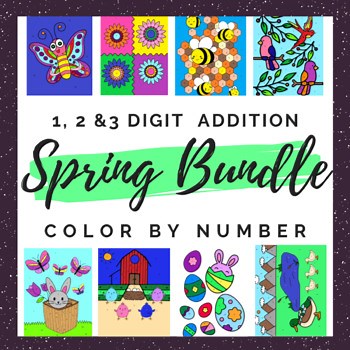 Spring Color By Number MULTI- LEVEL Addition BUNDLE Easter April May Math Center