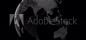 Rotating world globe from glowing particles. Digital planet Earth. Abstract world map animation background.