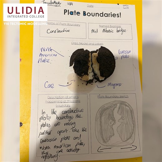 Ulidia Integrated College on Instagram: "𝗬𝟭𝟬 𝗧𝗲𝗰𝘁𝗼𝗻𝗶𝗰 𝗠𝗼𝗱𝗲𝗹𝗹𝗶𝗻𝗴 In Geography, students have been exploring how the Earth’s tectonic plates move by using the biscuit model. This helped bring a complex scientific topic to life in a fun and memorable way. Students used biscuits, to represent the different layers of the Earth. The top biscuit represented the Earth’s crust, the filling symbolised the semi-molten mantle, and the bottom biscuit acted as a stable base. By carefully m