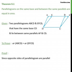 Theorem 9.1 - Parallelograms on same base and between same parallels