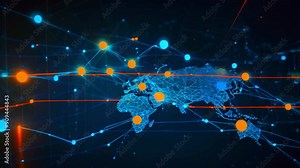 Abstract world map with glowing lines and nodes representing connections.