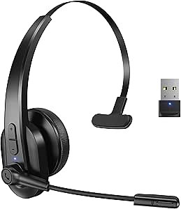 Bluetooth Headset with USB Dongle for Computer, Single-Ear Wireless Headset with Noise Cancelling Microphone for Office & Truckers, Bluetooth V5.2 with Mute Button for Work