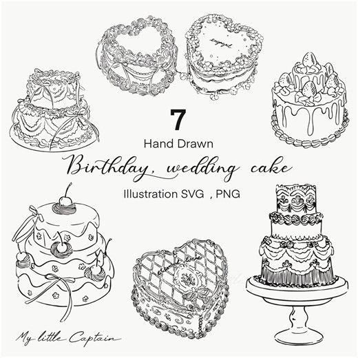 手描きケーキクリップアート – ウェディングケーキとバースデーケーキ | 線画 SVG PNG イラスト - Etsy 日本