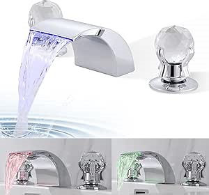 LED Bathroom Sink Faucet, 3 Colors Changing Waterfall Faucet 3 Hole 8 Inch Widespread,Dual Crystal Handles Basin Mixer Tap, Chrome Vanity Mixer Tap with Supply Hose