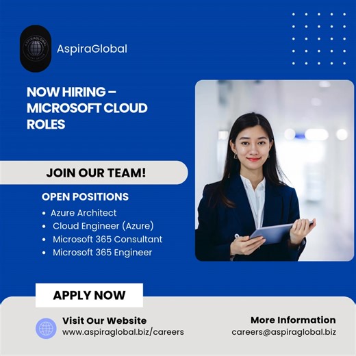 🚨 URGENT | HIRING NOW – REMOTE MICROSOFT CLOUD ROLES 🚨 AspiraGlobal is assisting our client with urgent hiring for experienced Microsoft Cloud professionals. Interviews are being fast-tracked and roles are filling quickly. 🔥 Open roles (100% Remote): • Microsoft Azure Architect • Cloud Engineer – Azure • Microsoft 365 Consultant (Architecture & Migration Leadership) • Microsoft 365 Engineer (Migration & Modern Workplace) ✅ High-impact client work ✅ Senior, hands-on roles ✅ No bench time ✅ Str