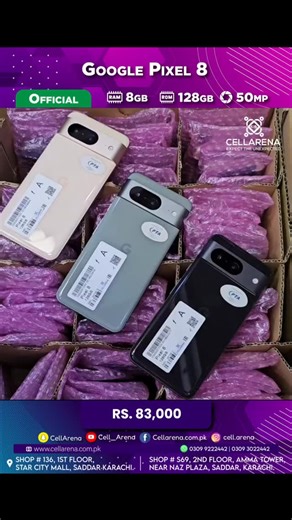 Google Pixel 8 8GB 128GB Official PTA ✅️ Dual (Physical E-Sim) Google Tensor G3 4575mah Battery 6’2inch 120Hz OLED Display Original JAPAN WaterPack Japan Grade Au A Brand New Condition Pink, Hazel & Black Color Rs 83,000/= For Detail Contact us: Waqar Hussain | Call & Whatsapp | 03099222442 Ayaan | Call & Whatspp | 03093022442 Location: CellArena Outlet 01 Shop. 136, 1st Floor, Star City Mall, Saddar, Karachi. CellArena Outlet 02 Shop. S69, 2nd Floor, Amma Tower, Near Naz Plaza, M.A. Jinnah Road
