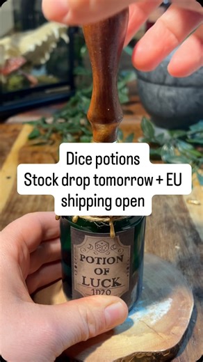 Whiskers and Witchcraft on Instagram: "Huge news! I have opened EU shipping - check out my most recent post for more info! I have a stock drop tomorrow at 7pm GMT - including my newest design here, mystery colour dice potions, and the Tolkien line! As well as a few unreleased potions 💙 Everything is prepackaged ready for next day dispatch. There is shipping time advice on the post (first image on my profile). See you guys at 7pm GMT tomorrow! #fantasy #potion #smallbusiness #dnd #art #tolkien #