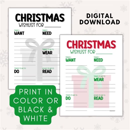 Christmas Wish List Printable, 5 Gift Rule, Want Need Wear Read Do, Christmas Wish List PDF Download, Kids Christmas List for Santa - Etsy