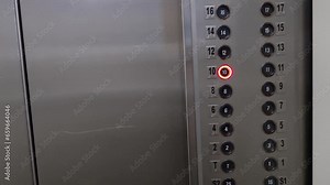 Finger Pressing Inside Elevator Button. Choosing floor number. Going to 10th floor. Going up. Pushing elevator button.