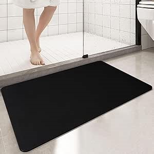 Diatomaceous Earth Bath mat Bathroom Rugs Super Absorbent Quick Dry Non Slip Bath Mat Thin Bathroom Floor Mats Fit Under Door-Shower Rug for in Front of Bathtub Shower,Black, 15.7"*35.4"
