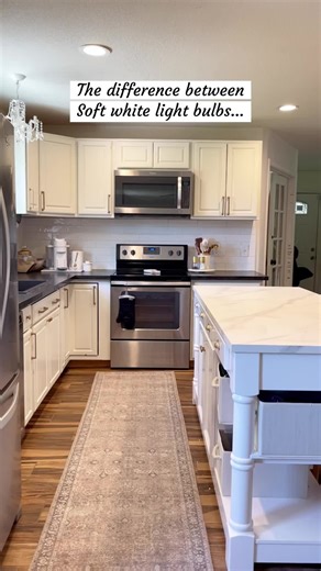 Omg ive been wanting to change these yellow light bulbs forever! Finally bought some daylight new can lights and all the yellow is gone! True white looks so much better. Even the floor looks better. Brb running to home depot to replace all my can lights! #lightingcolor #lighting #homehacks #kitchenlighting #whitecabinets