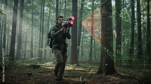 Expert using handheld laser scanning device capturing forest data for environmental monitoring and sustainable forestry management