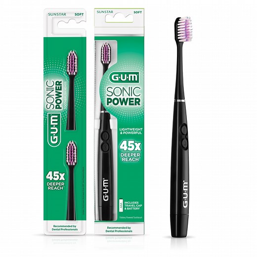 GUM Sonic Powered Toothbrush Bundle, Black, 1 handle( 1 Count) 2 Refills(2 Count. 1pk)