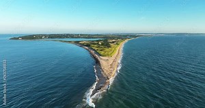 New Shoreham, RI, USA 08-13-2023: Summer aerial video of the north end of Block Island Rhode Island near the North Lighthouse
