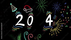 New Year 2024 colorful doodle abstract animation. Creative Colorful Neon Led Greeting Card. Happy new Year 2024 Animation Design. Doodle Style New Year and Christmas Colorful Neon Led Decorations.