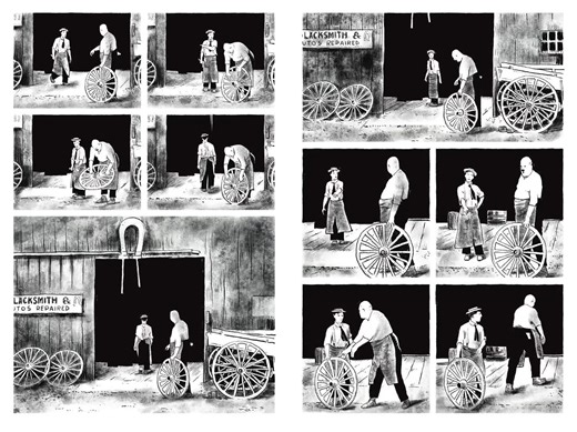 The Blacksmith - Buster Keaton’s Silent Film Adopted to Comic Book - Pages 22 and 23 The first thing I created after I decided to adopt Buster Keaton’s silent films to comics is a grid system. I made the 4:3 aspect ratio of the films as the proportion of a standard panel. Propitiously, this proportion made two panels that fit well on a page — a small panel and a large half-page panel. I used the small panel to create my first grid. The grid consists of two columns and four rows, eight panels sep