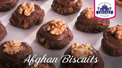 A Kiwi fave: melt in the mouth afghan biscuits with chocolate icing. Watch and bake! http://www.chelsea.co.nz/browse-recipes/afghan-biscuits/ | Chelsea Sugar