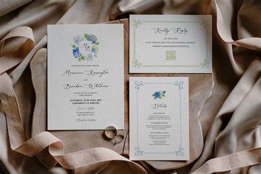 Modern Blue Hydrangea Wedding Invitation Suite Template, Editable Canva Invite w RSVP   Details   QR, Crest   Envelope Liner Download