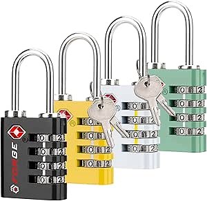 Forge Dual-Opening: Key or Combination Access Lock, TSA Approved Locks for Luggage, Pelican case, Travel, Gym, School, Stainless Steel Shackle. (Multi Color, 4 Pk)