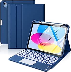 MoKo Touch Keyboard Case for iPad (A16) 11th Generation 11 inch 2025, iPad 10th Generation 10.9 inch Case with Pencil Holder, 7 Colors Backlit Multi-TrackPad Detachable Bluetooth Keyboard, Navy Blue