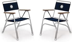 FORMA MARINE Folding Aluminum Boat Chair Navy Blue with Bamboo Armrest Set of 2 Chairs, 2ECO100NB