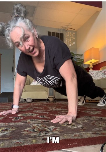 Yeah, I'm 60. It's weird to think I've matured this far. (And no, my knees aren't touching the floor during these pushups. My pants are baggy.) #genxmom #massagetherapist #genxwomen #holisticwellness #pushupschallenge