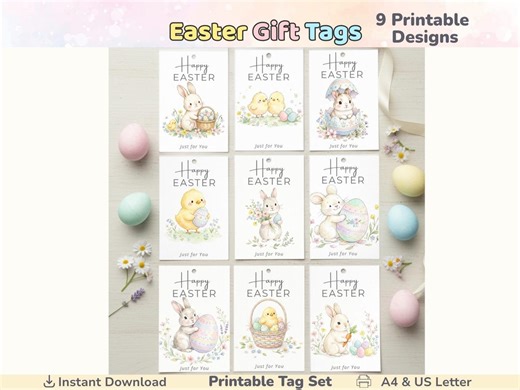 Printable Easter Gift Tags, Bunny & Chick Easter Tags, Easter Basket Tags, Pastel Gift Labels, Spring Gift Tags, A4 US Letter